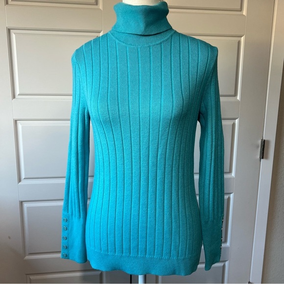 Talbots Ribbed Turtleneck Top Long Sleeve Button Cuff Knit Sweater Teal Small - Picture 1 of 7